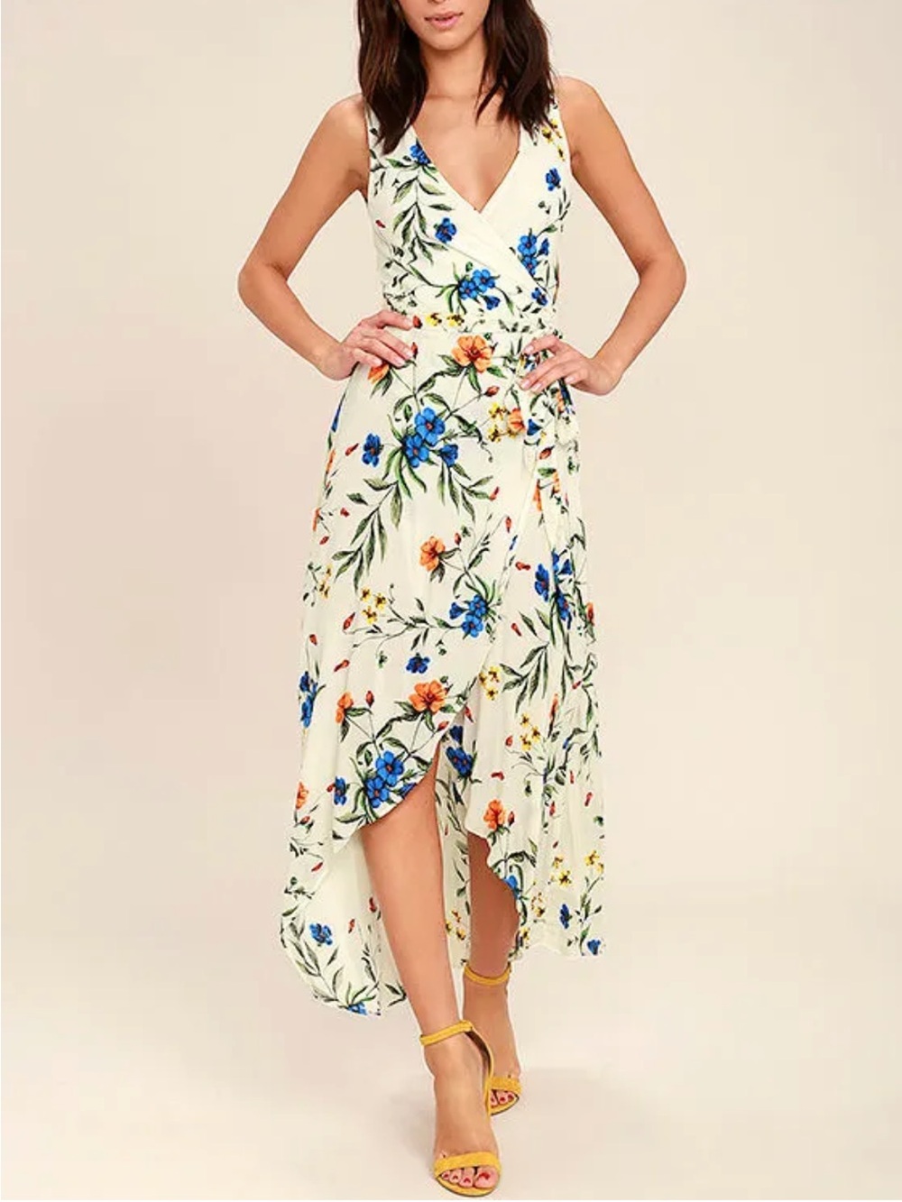 Lulu's Cream Floral Wrap High-Low Dress with Blue & Orange Blooms